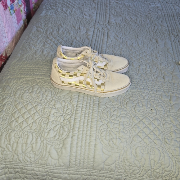 Vans Cream and Gold Checkered Sneakers Womens 9 Or Mens 7.5 - Picture 9 of 9